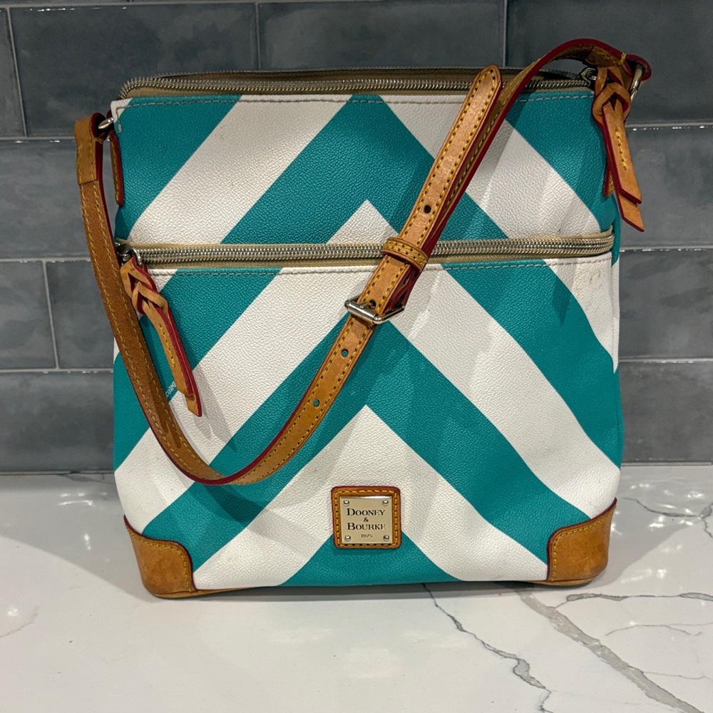 Dooney & Bourke Teal and White Chevron Crossbody Bag with Brown Trim
